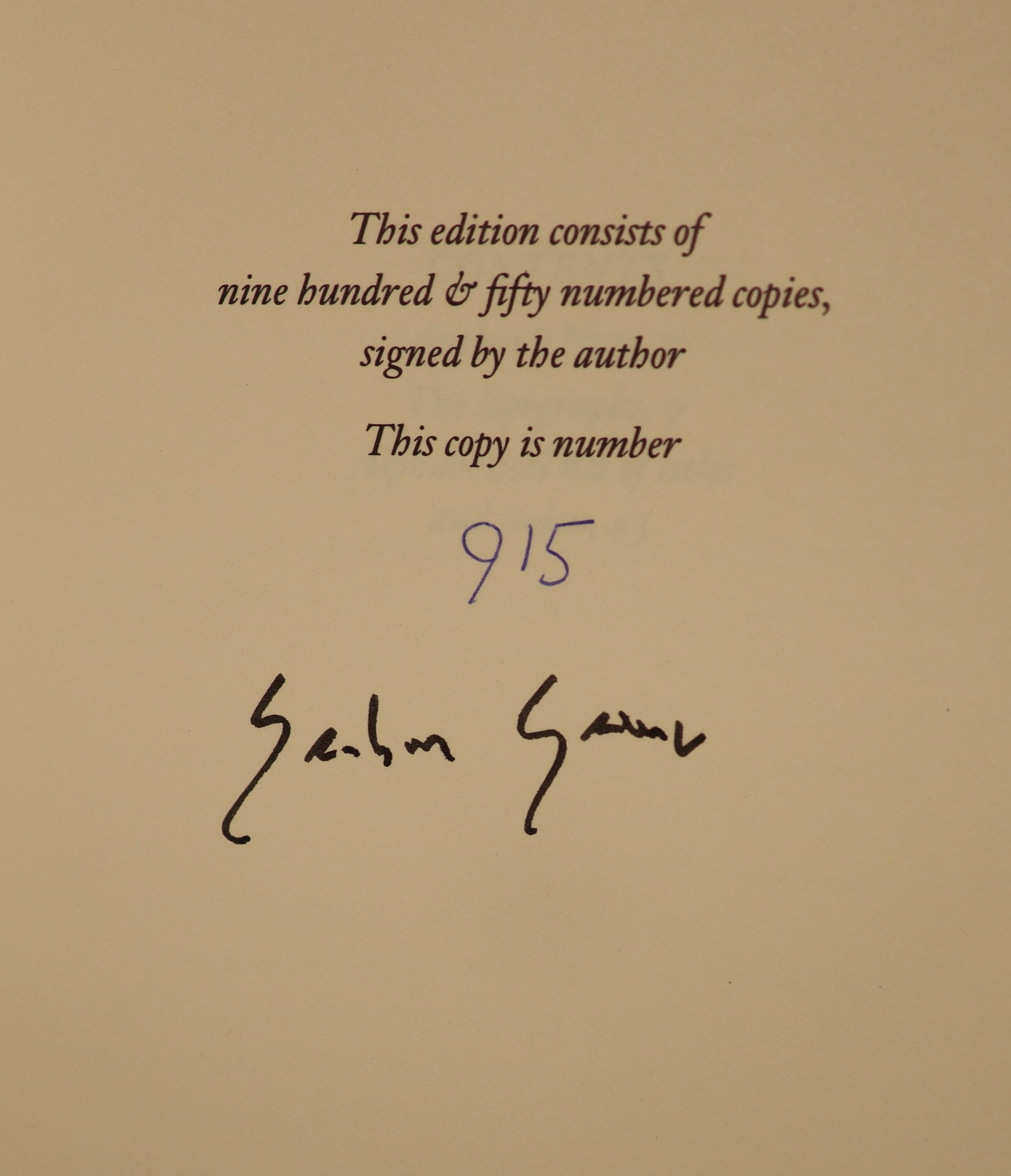 Greene, Graham - 4 works - Why the Epigraph, one of 950 numbered copies, signed by the author, original olive brown cloth, Nonesuch Press, London, 1989; The Little Horse Bus, illustrated by Edward Ardizzone, The Bodley H